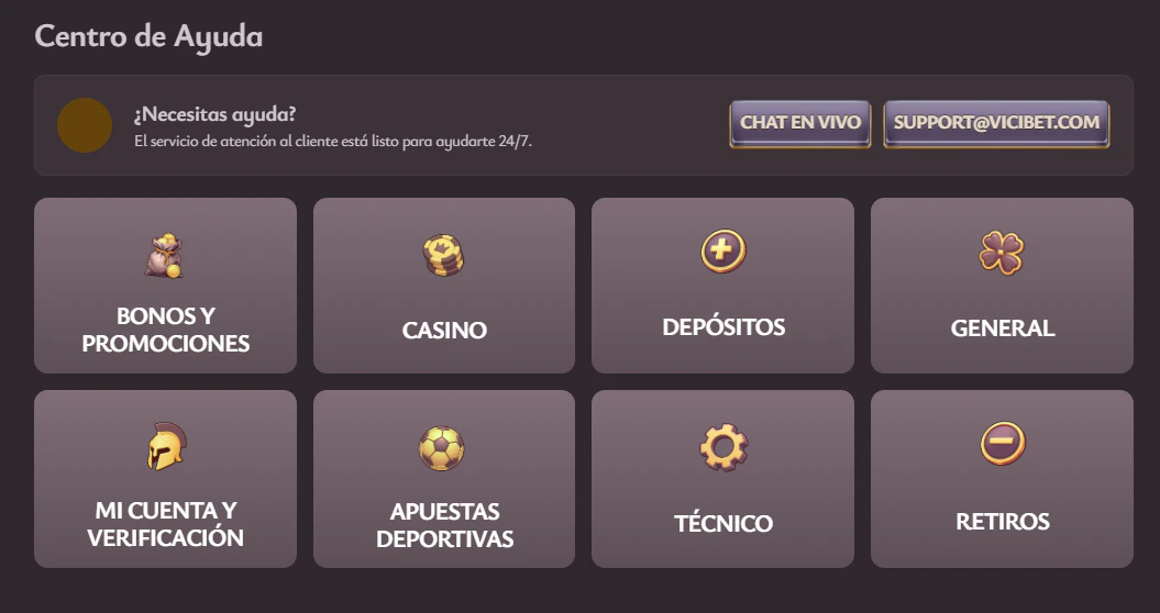 Servicio de asistencia y opciones de contacto para usuarios de Vicibet Casino